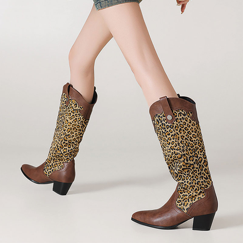 Shoeswoon Retro Embroidery‑Style Print Splice Pointed Toe Block Heel Western Boots