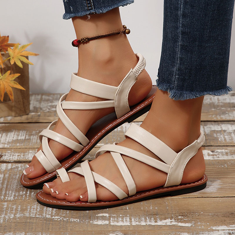 Shoeswoon Crisscross Strap Toe Ring Elastic Back Flat Sandals