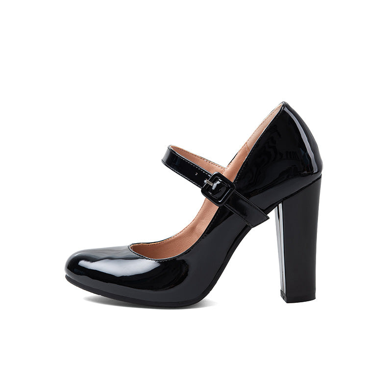 Shoeswoon Black Patent Round Toe Mary Jane Chunky Heel Pumps