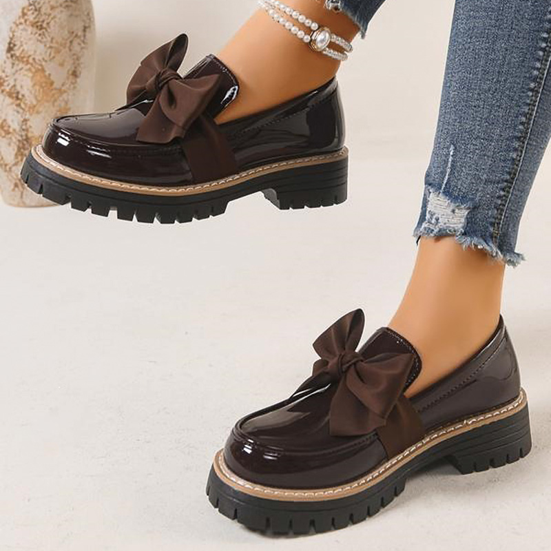 Shoeswoon Satin Bow Decor Patent Slip‑On Chunky Lug Platform Women's Loafer Shoes