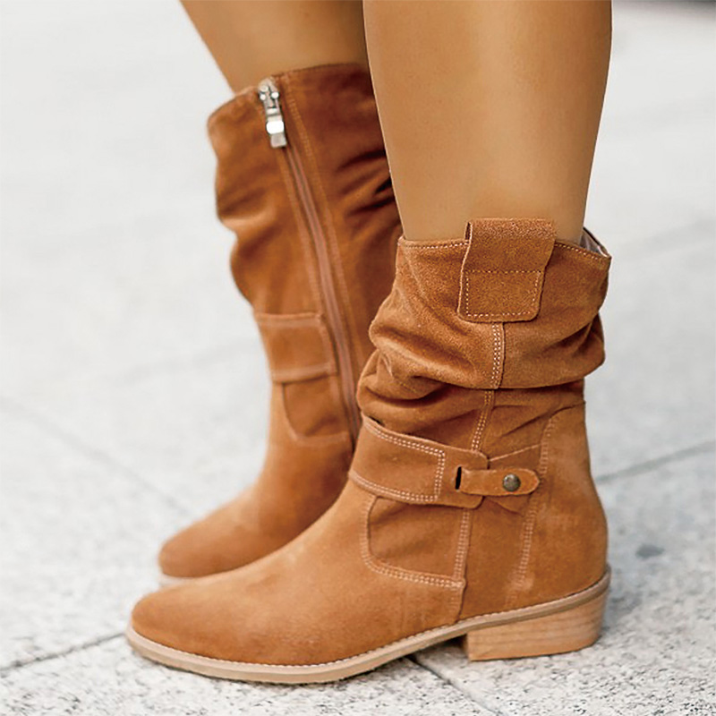 Shoeswoon Vintage Ruched Faux‑Suede Decor Buckle Low Heel Mid‑Calf Boots