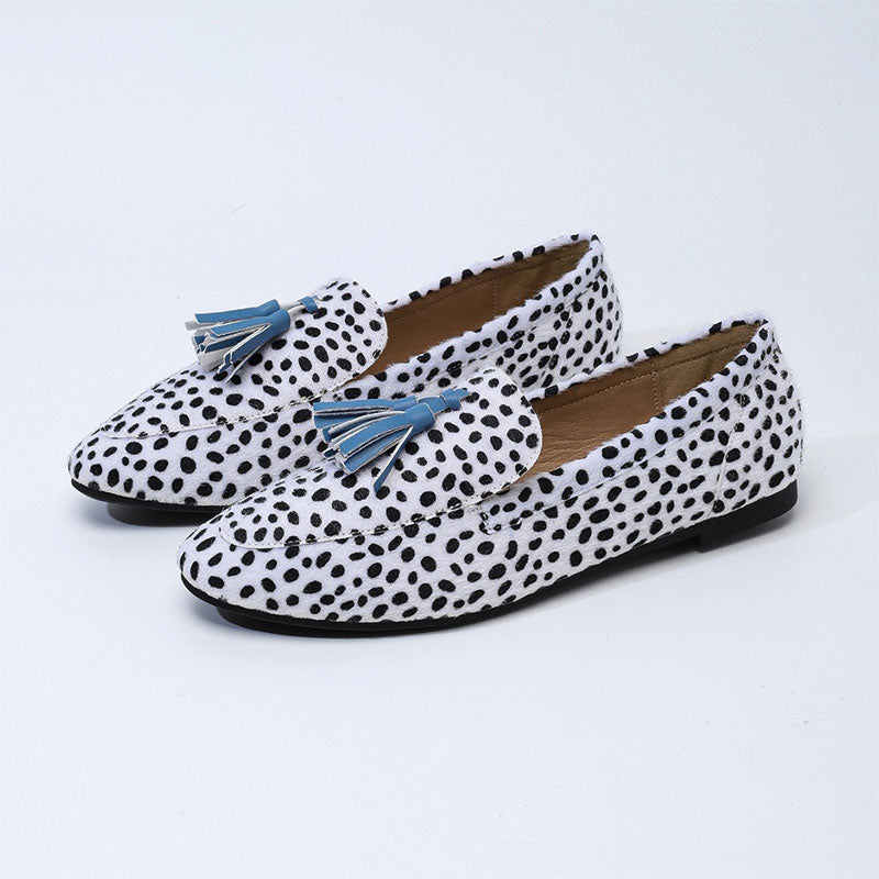 Shoeswoon Dalmatian Print Tassel Almond Toe Loafers