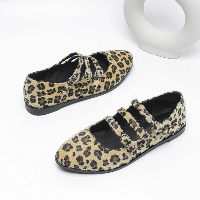 Shoeswoon Furry Leopard Adjustable Buckle Casual Mary Jane