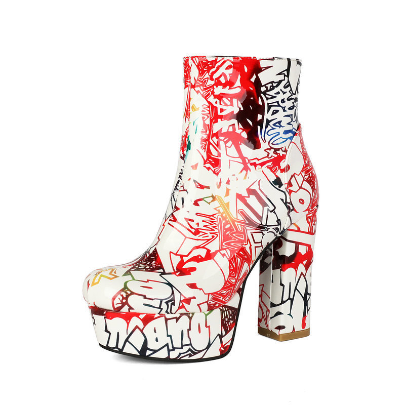 Shoeswoon Artistic Print Platform Booties Round Toe Side Zipper Bold Block Heel