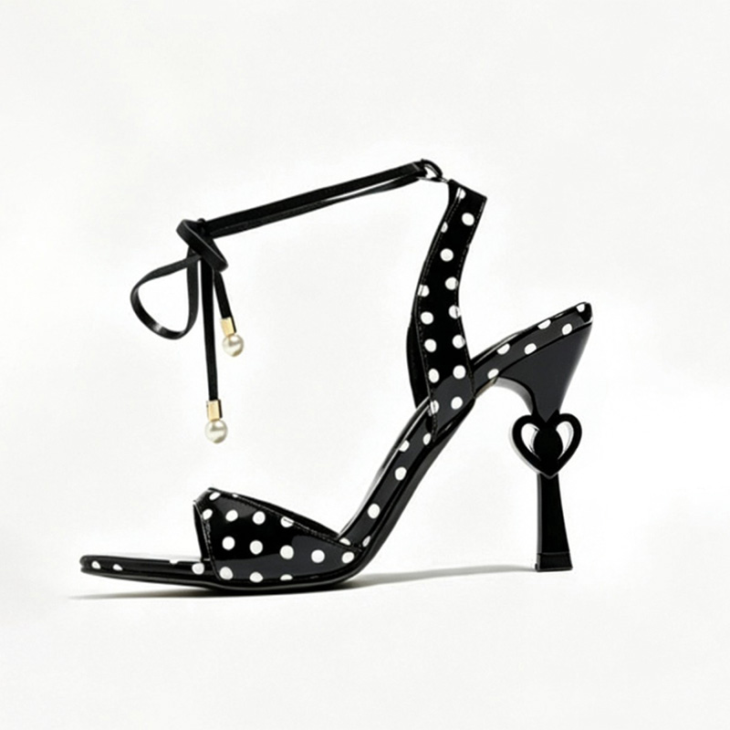 Shoeswoon Black White Polka Dot Pearl Tie Ankle Strap Heart Sculpted Heel Sandals