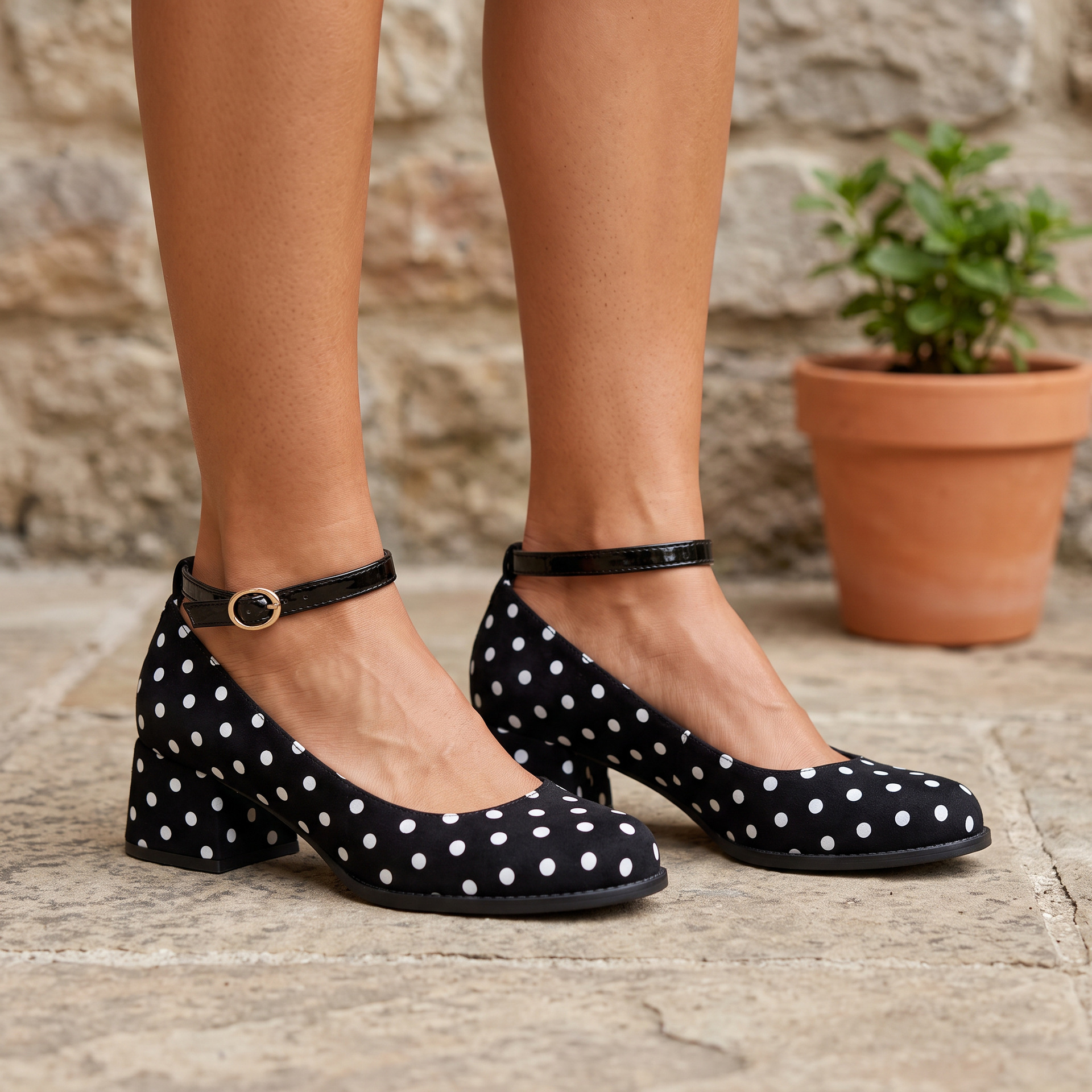 Shoeswoon Round Toe Ankle Strap Polka‑Dot Mid Heel Mary Janes