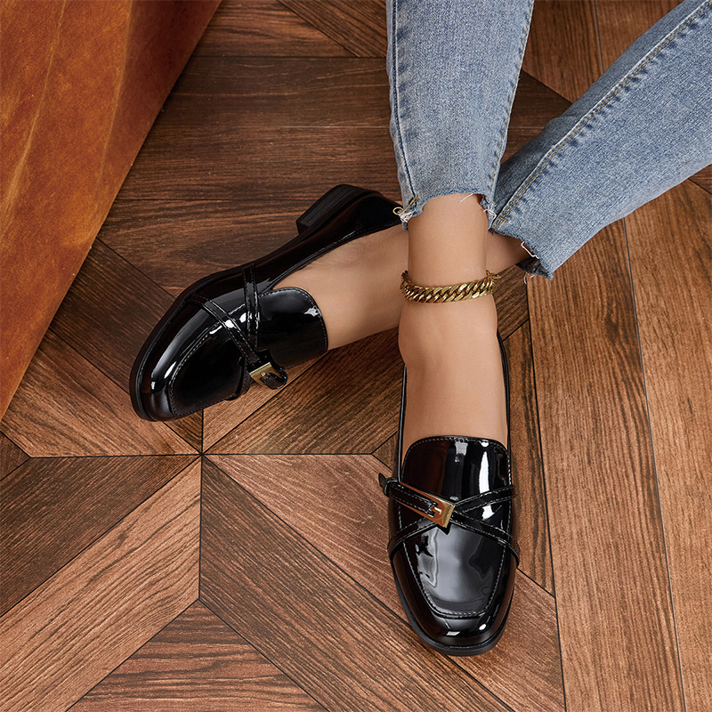 Shoeswoon Crisscross Gold Buckle Square Toe Slip On Loafers