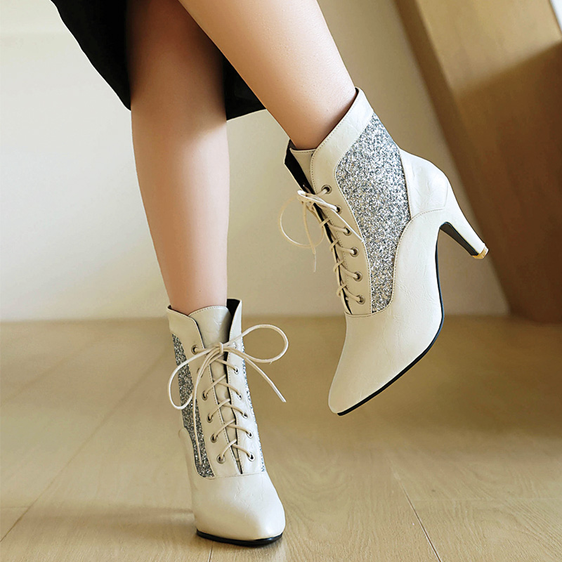Shoeswoon Glitter Spliced Lace‑Up Pointed Toe Stiletto Ankle Boots