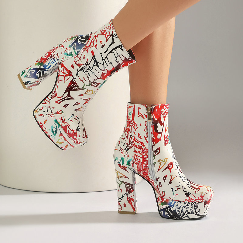 Shoeswoon Artistic Print Platform Booties Round Toe Side Zipper Bold Block Heel