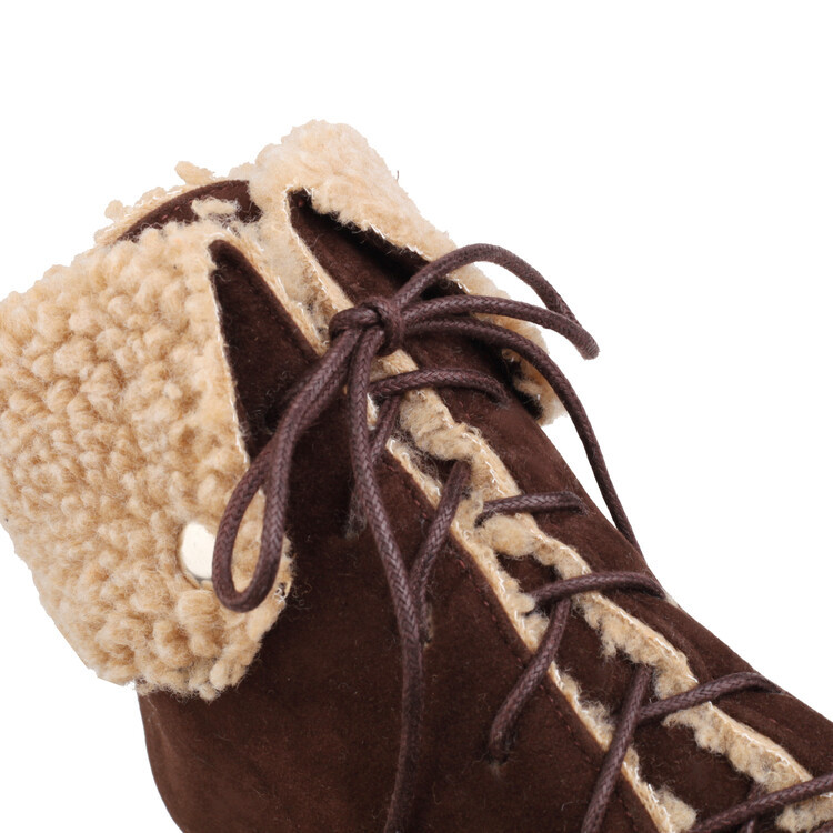 Shoeswoon Fleece‑Cuff Lace‑Up Ankle Booties Faux‑Fur Trim Block Heel