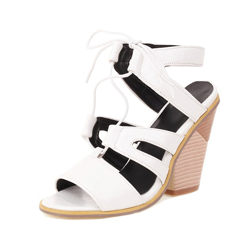 Shoeswoon Strappy Lace Up Cutout Open Toe Caged Chunky Heel Sandals