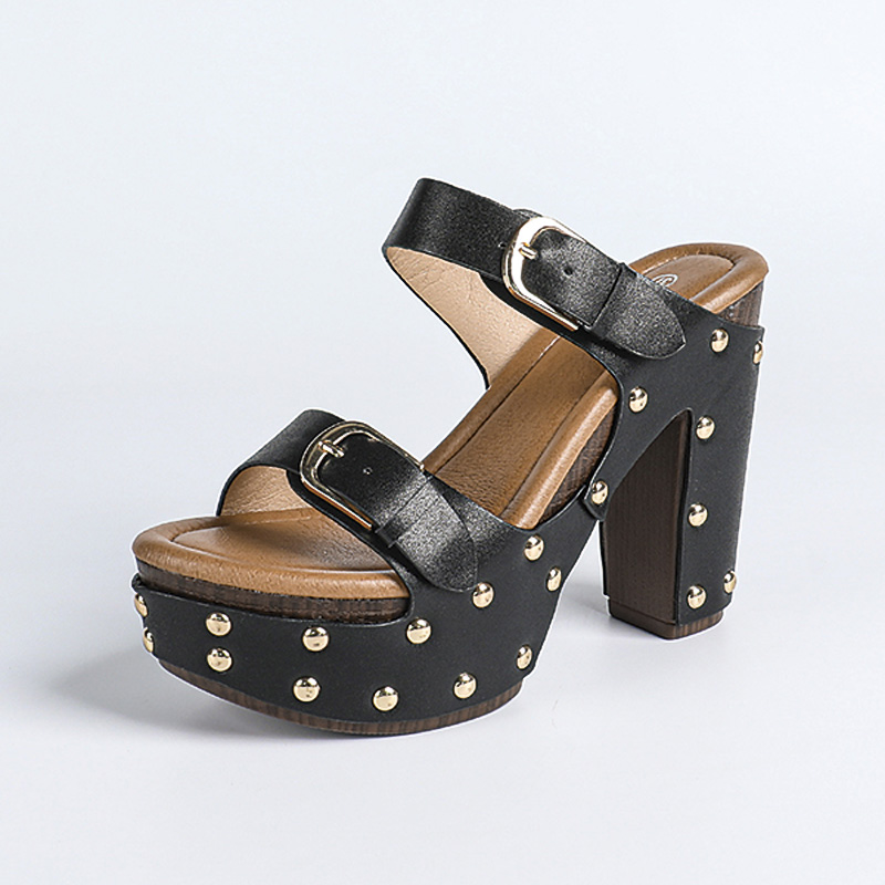 Shoeswoon Double Buckle Gold Stud Platform Chunky Heel Slide Mule Sandals