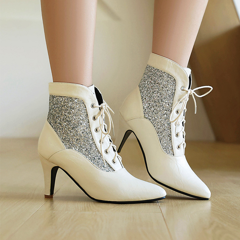 Shoeswoon Glitter Spliced Lace‑Up Pointed Toe Stiletto Ankle Boots