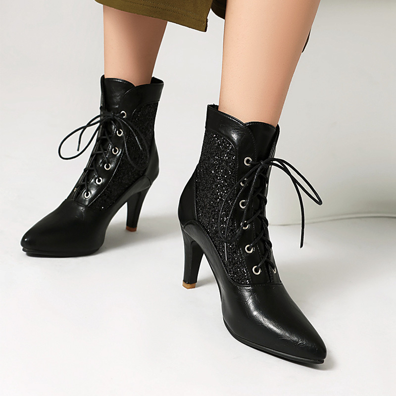 Shoeswoon Glitter Spliced Lace‑Up Pointed Toe Stiletto Ankle Boots