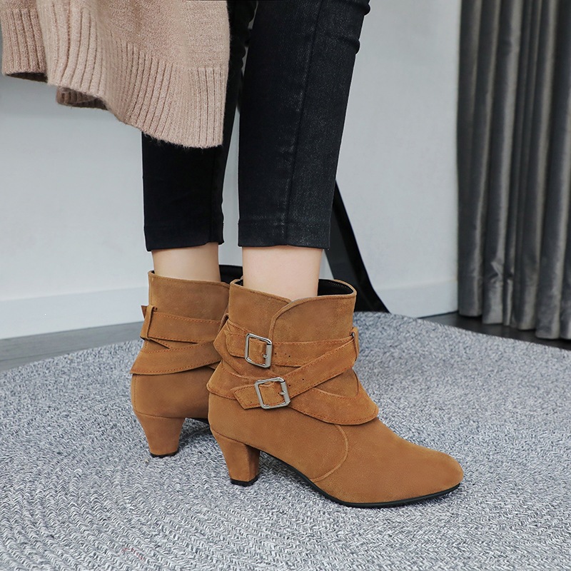 Shoeswoon Suede‑Texture Ankle Boots Multi‑Buckle Wrapped Straps Round Toe Low Block Heel