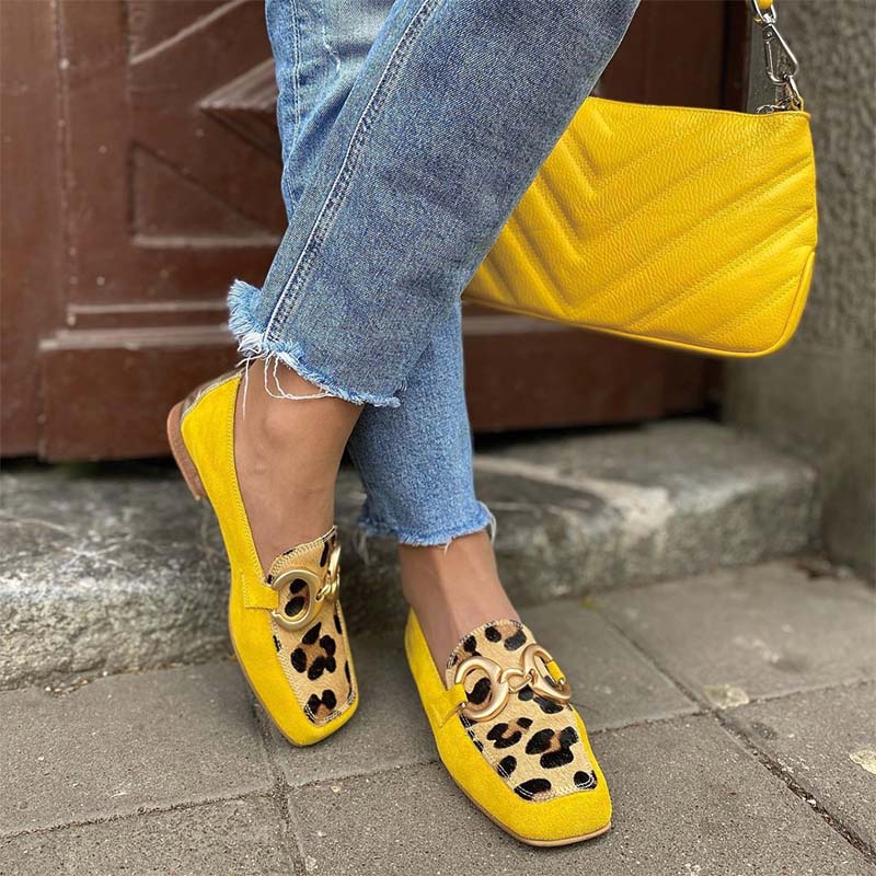 Shoeswoon Yellow Suede Leopard Patchwork Metal Buckle Square Toe Slip‑on Loafers