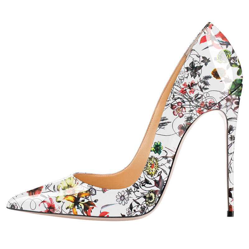 Shoeswoon Colorful Floral Print Patent Pointed Toe Slim Stiletto High Heel Pumps