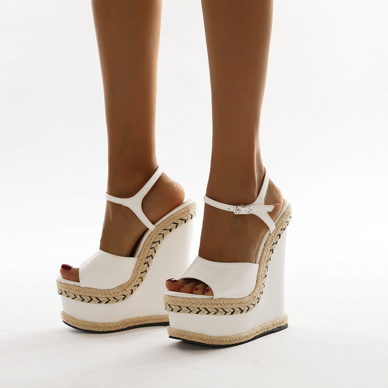 Shoeswoon White Ankle Strap Rope Trim Peep‑Toe Wedge Platform Sandals