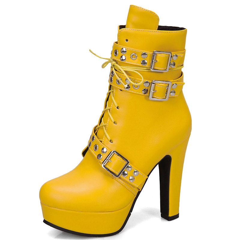 Shoeswoon Faux‑Leather Studded Multi‑Buckle Lace‑Up Platform Ankle Boots
