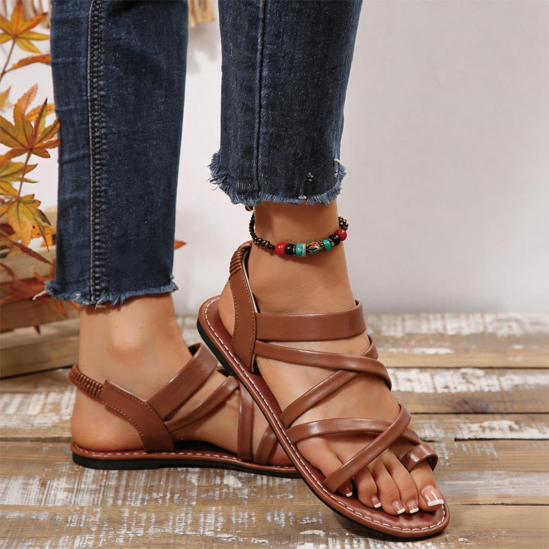 Shoeswoon Crisscross Strap Toe Ring Elastic Back Flat Sandals
