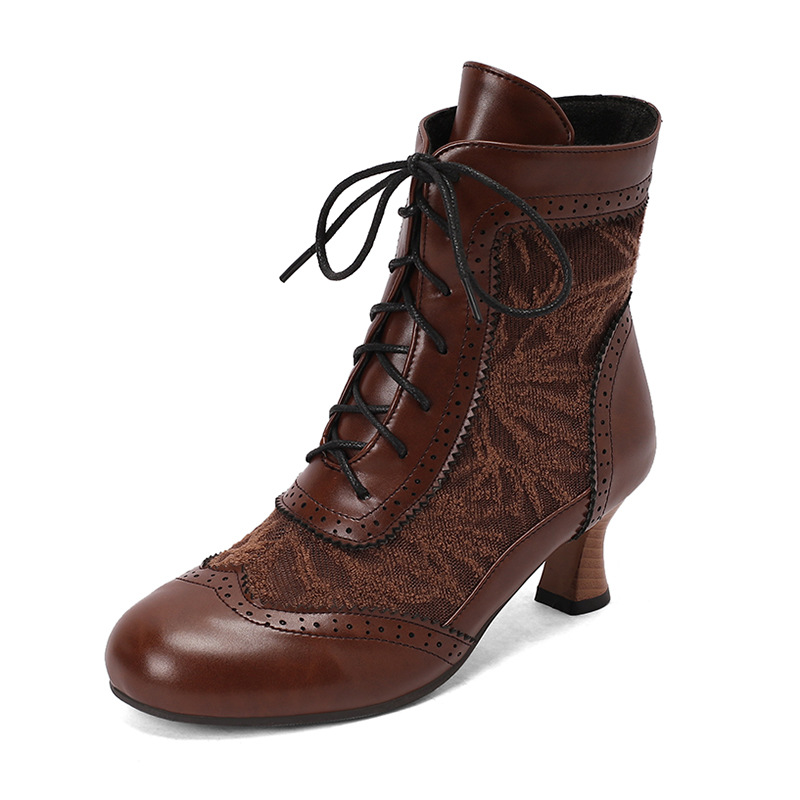 Shoeswoon Victorian Lace‑Panel Ankle Booties Brogue Trim Front Lace‑Up Kitten Heel