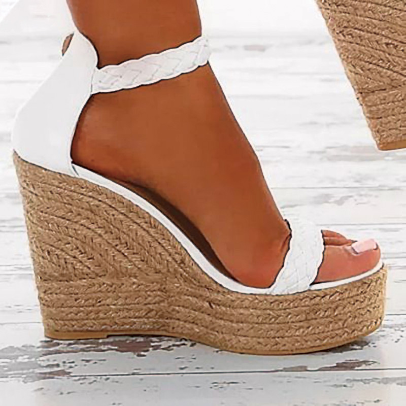 Shoeswoon White Braided Strap Open Toe Ankle Buckle Espadrille Wedge Sandals