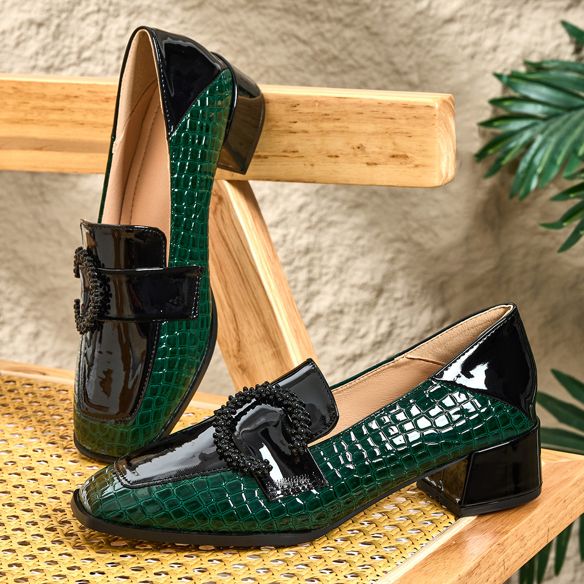 Shoeswoon Green Croc Print Patent Beaded Buckle Block Heel Loafers