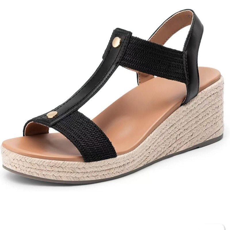 Shoeswoon Summer Casual Two Tone T-Strap Jute Wedge Heel Sandals