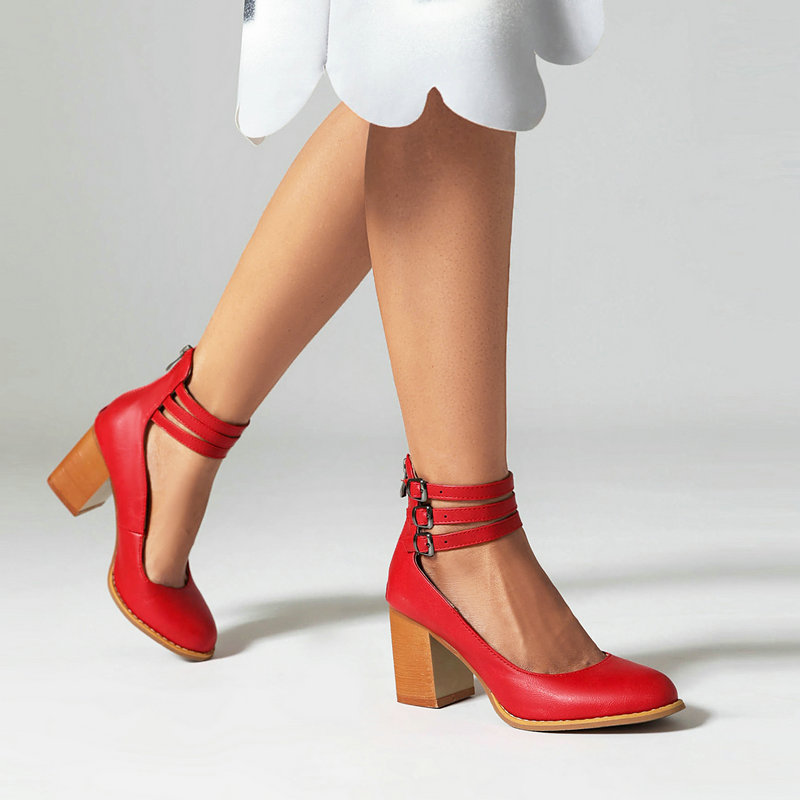 Shoeswoon Retro Triple Buckle Back‑Zip Mid Heel Mary Jane Shoes