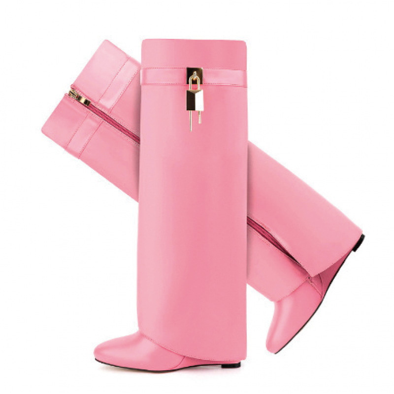 Shoeswoon Bright Metal Lock Accent Side Zipper Fold‑Shaft Flat Knee‑High Boots