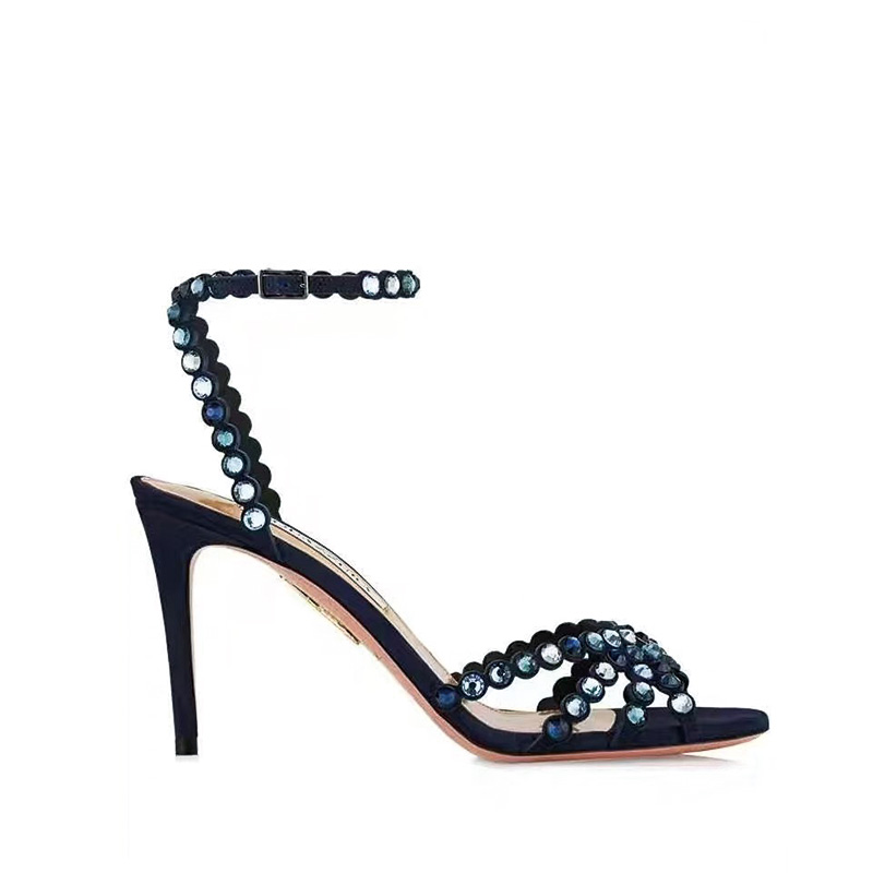 Shoeswoon Metallic Multi-Colored Crystal Ankle Strap Stiletto Heel Sandals