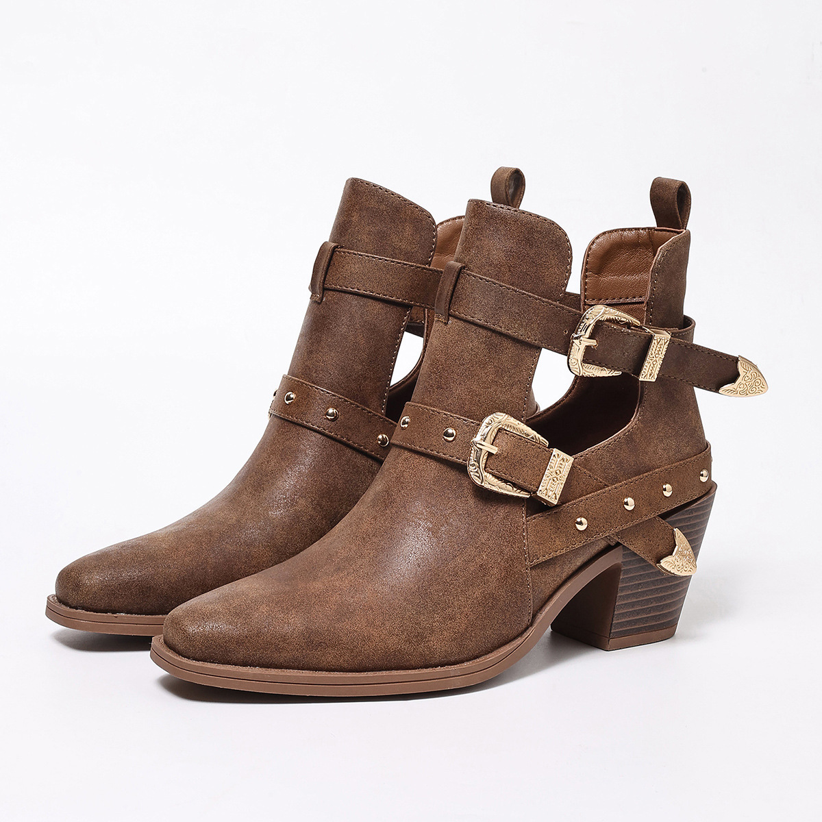 Shoeswoon Rivet Buckle Western Ankle Boots Cutout Vamp Block Heel