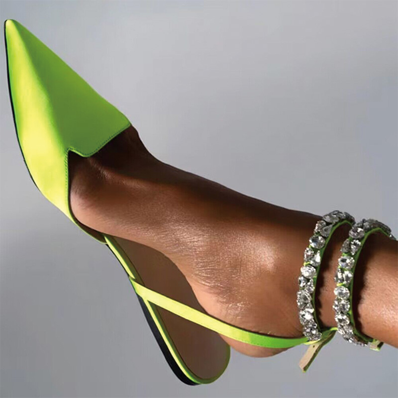 Shoeswoon Neon Satin Pointed Toe Double Crystal Ankle Strap Slingback Flat Mules