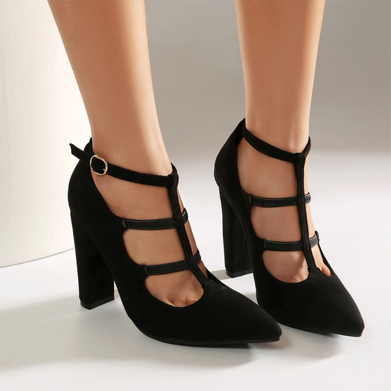 Shoeswoon Faux Suede Multi Straps Hollow Out Adjustable Ankle Buckle Chunky Heels