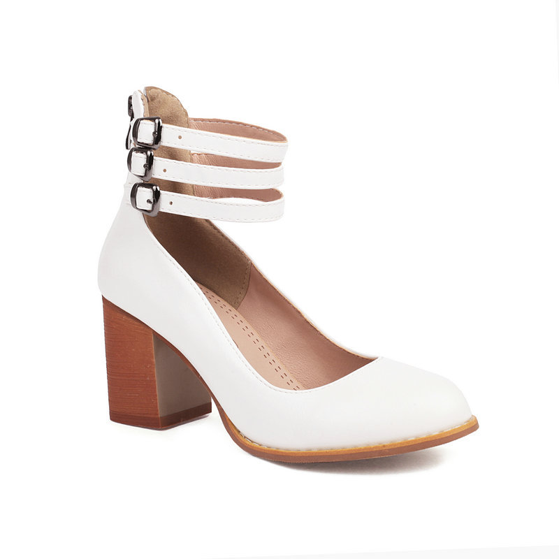 Shoeswoon Retro Triple Buckle Back‑Zip Mid Heel Mary Jane Shoes