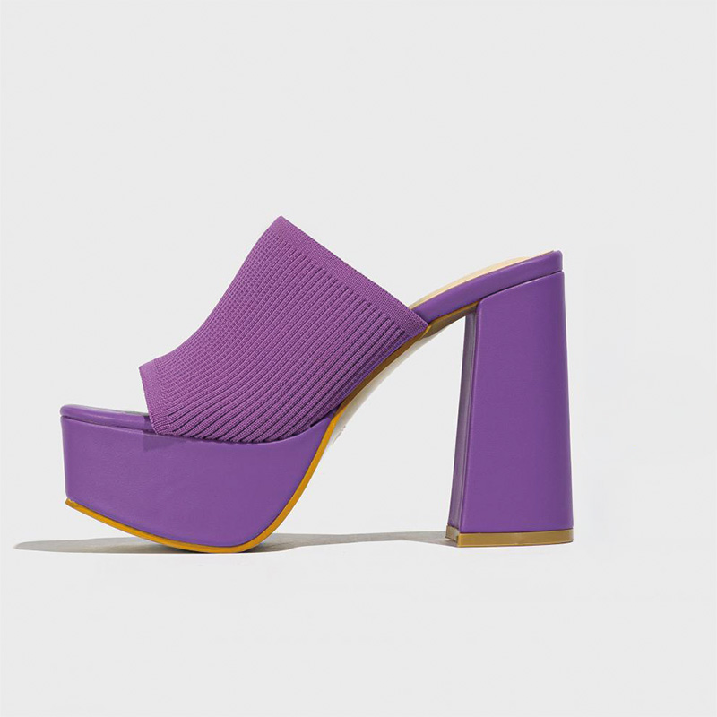 Shoeswoon Square Toe Knit Strap Platform Chunky Heel Mules