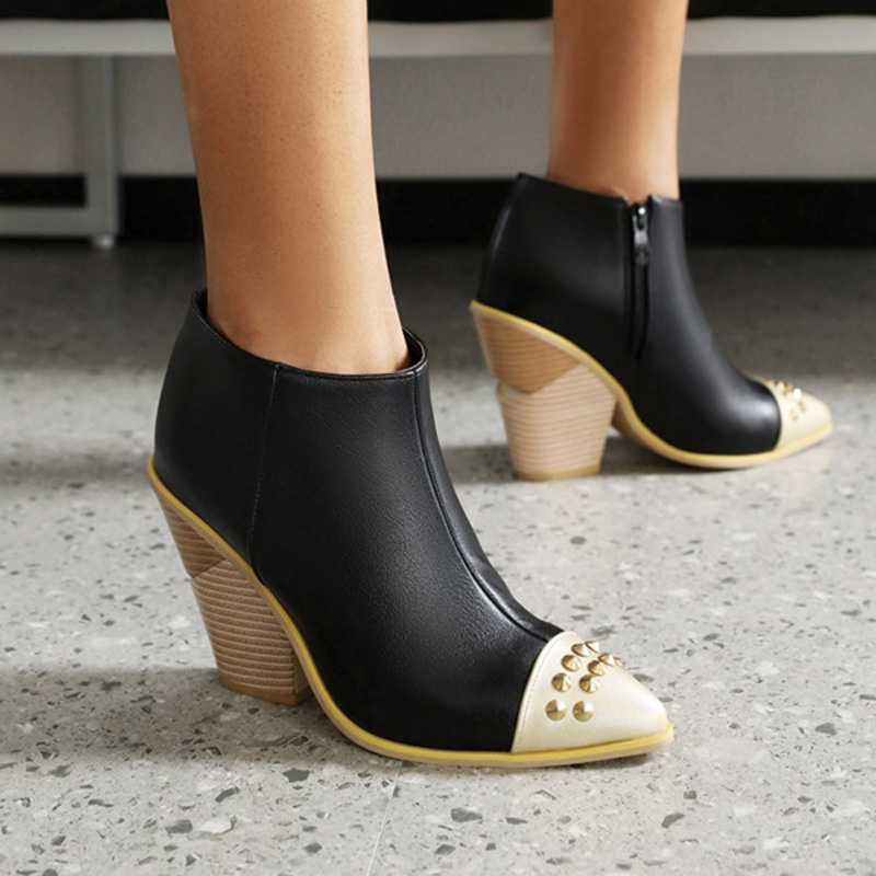 Shoeswoon Fashion Patchwork Stud Decor Pointed Toe Wood‑Look Wedge Heel Ankle Boots