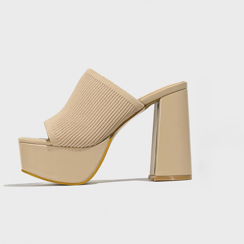 Shoeswoon Square Toe Knit Strap Platform Chunky Heel Mules