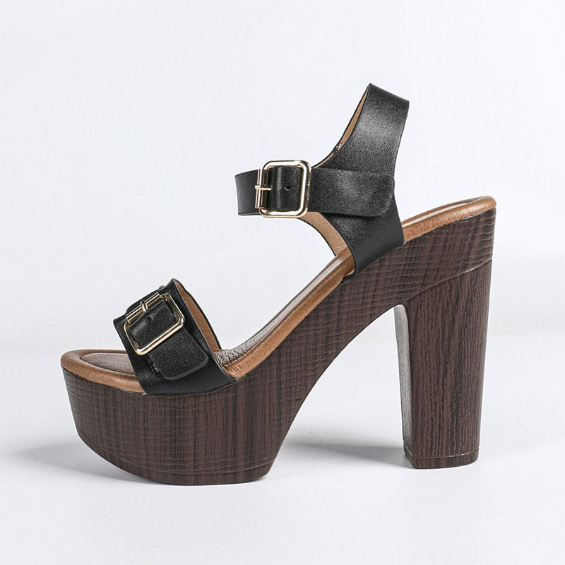 Shoeswoon Single Band Ankle Buckle Chunky Wood Platform Sandals