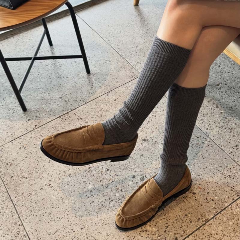 Shoeswoon Ruched Genuine Leather Penny Slip-On Flat Loafers