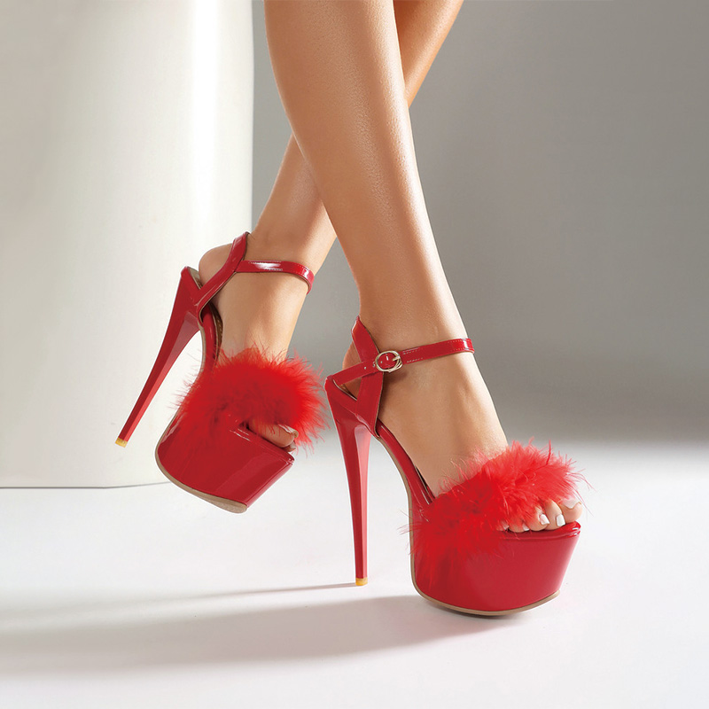 Shoeswoon Fluffy Feather Ankle Strap Super Platform Stiletto Sandals