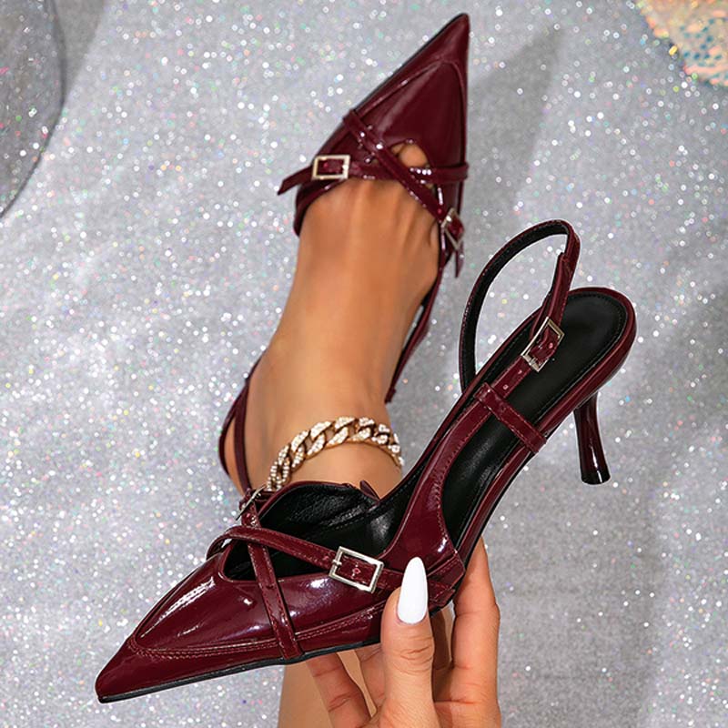 Shoeswoon Contrast Patent Pointed Toe Double Strap Slingback Kitten Heel Pumps