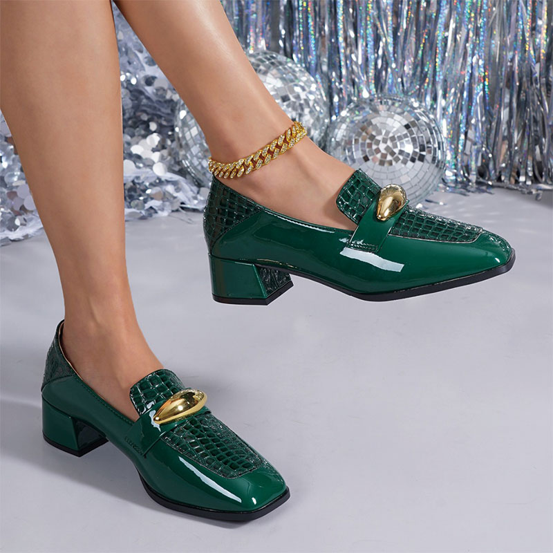 Shoeswoon Retro Glossy Green Slip‑On Gold Hardware Mid‑Heel Fashion Women Loafer Pumps