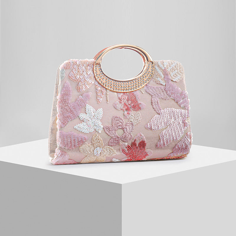 Shoeswoon Embroidered Floral Fabric Crystal Hoop Handle Formal Clutch