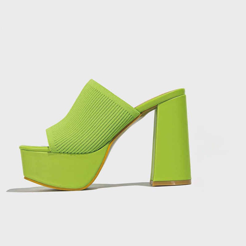 Shoeswoon Square Toe Knit Strap Platform Chunky Heel Mules