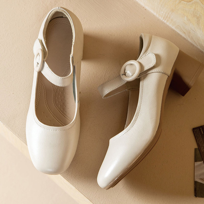 Shoeswoon Round Toe Single Buckle Ankle Strap Low Block Heel Mary Jane Pumps