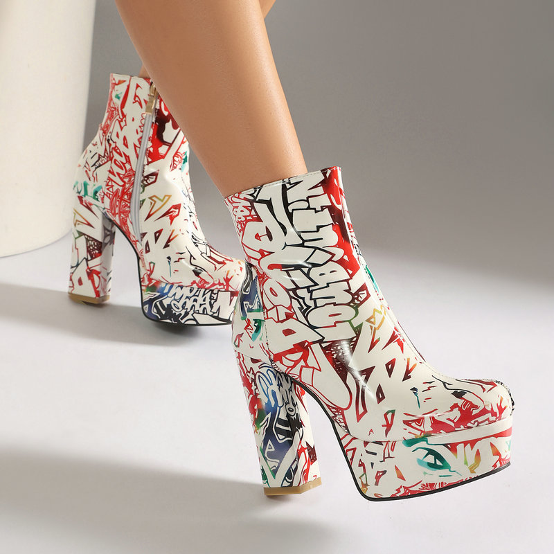 Shoeswoon Artistic Print Platform Booties Round Toe Side Zipper Bold Block Heel