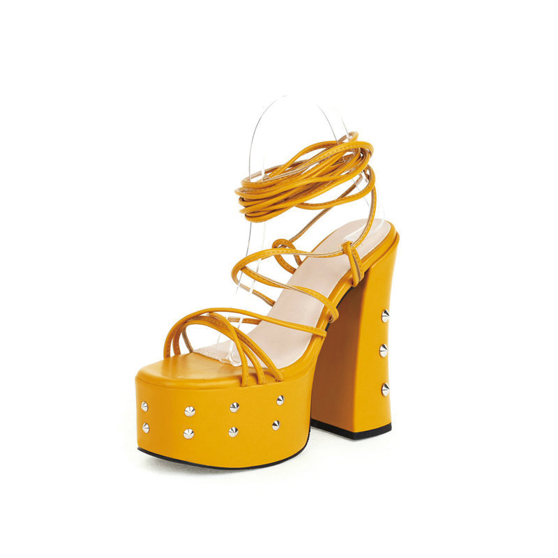 Shoeswoon Studded Platform Gladiator Crisscross Leg Wrap Chunky Heel Sandals
