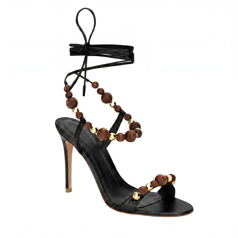 Shoeswoon Wood Bead Embellished Metallic Leather Lace‑Up Stiletto Sandals