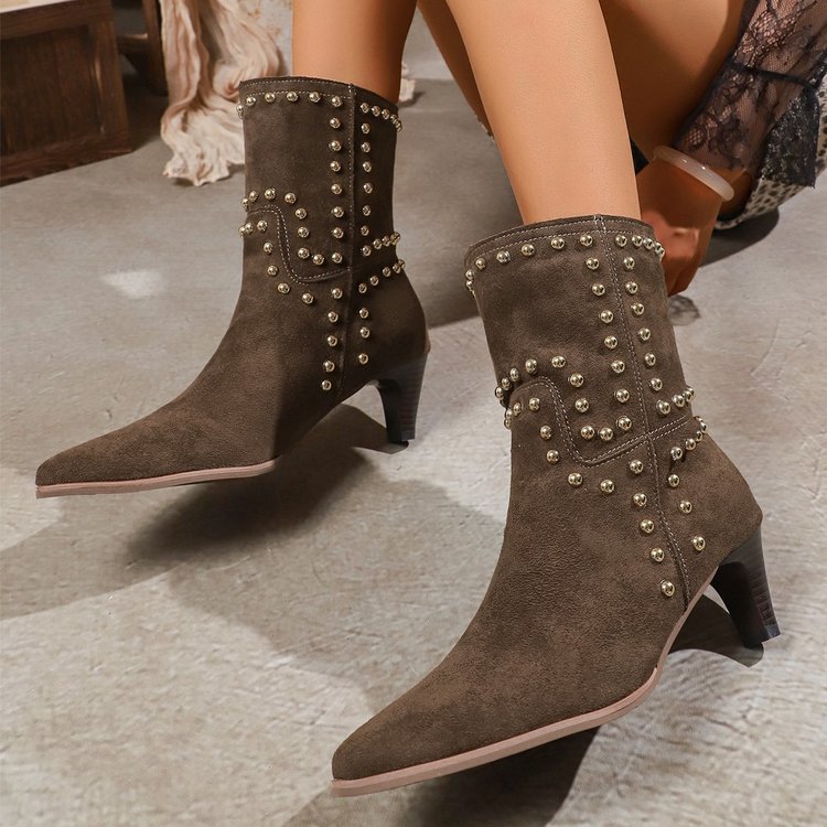 Shoeswoon Vintage Stud Embellished Mid Calf Boots Side‑Zip Kitten Heel